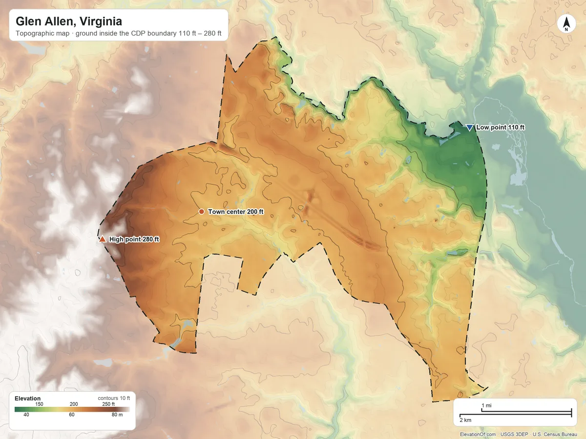 Topographic elevation map of Glen Allen, Virginia, shaded from 110 ft on the east side to 280 ft on the west side
