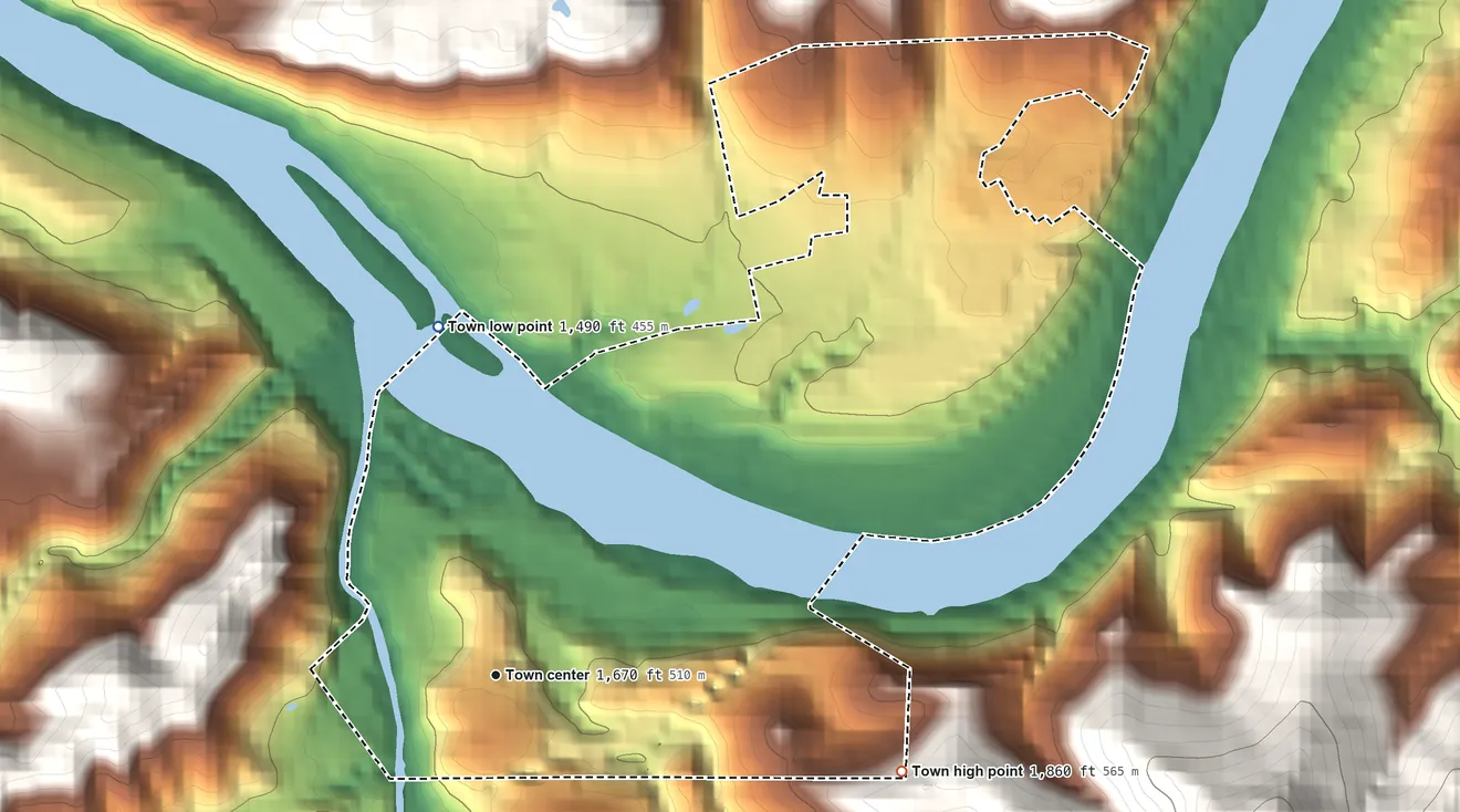 Topographic elevation map of Glen Lyn, Virginia, shaded from 1,490 ft on the north side to 1,860 ft on the east edge, below higher ground just outside