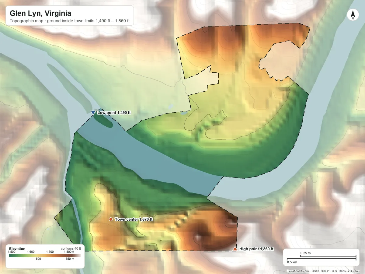 Topographic elevation map of Glen Lyn, Virginia, shaded from 1,490 ft on the north side to 1,860 ft on the east edge, below higher ground just outside