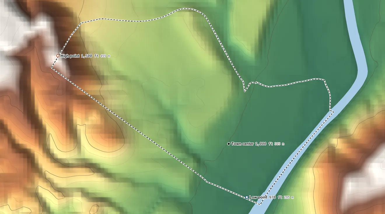 Topographic elevation map of Glen Wilton, Virginia, shaded from 970 ft on the south side to 1,500 ft at the foot of the Little Mountain