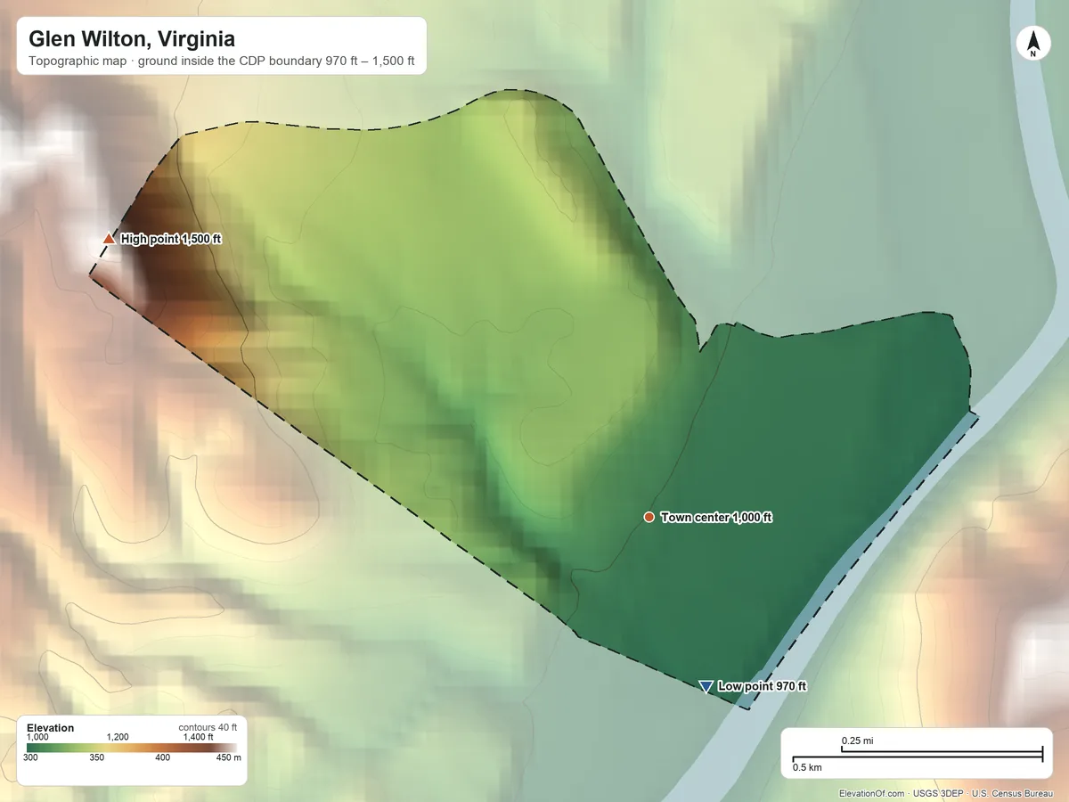 Topographic elevation map of Glen Wilton, Virginia, shaded from 970 ft on the south side to 1,500 ft at the foot of the Little Mountain