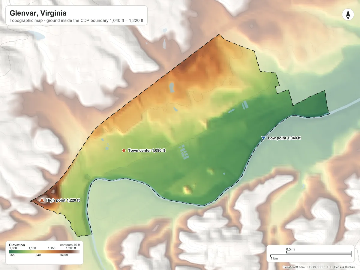 Topographic elevation map of Glenvar, Virginia, shaded from 1,040 ft on the east side to 1,220 ft at the foot of the Pedlar Hills