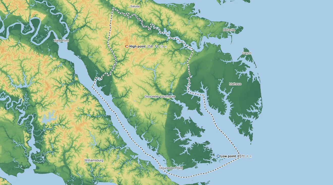 Topographic elevation map of Gloucester County, Virginia, shaded from sea level on Mobjack Bay to 250 ft on the northwest side