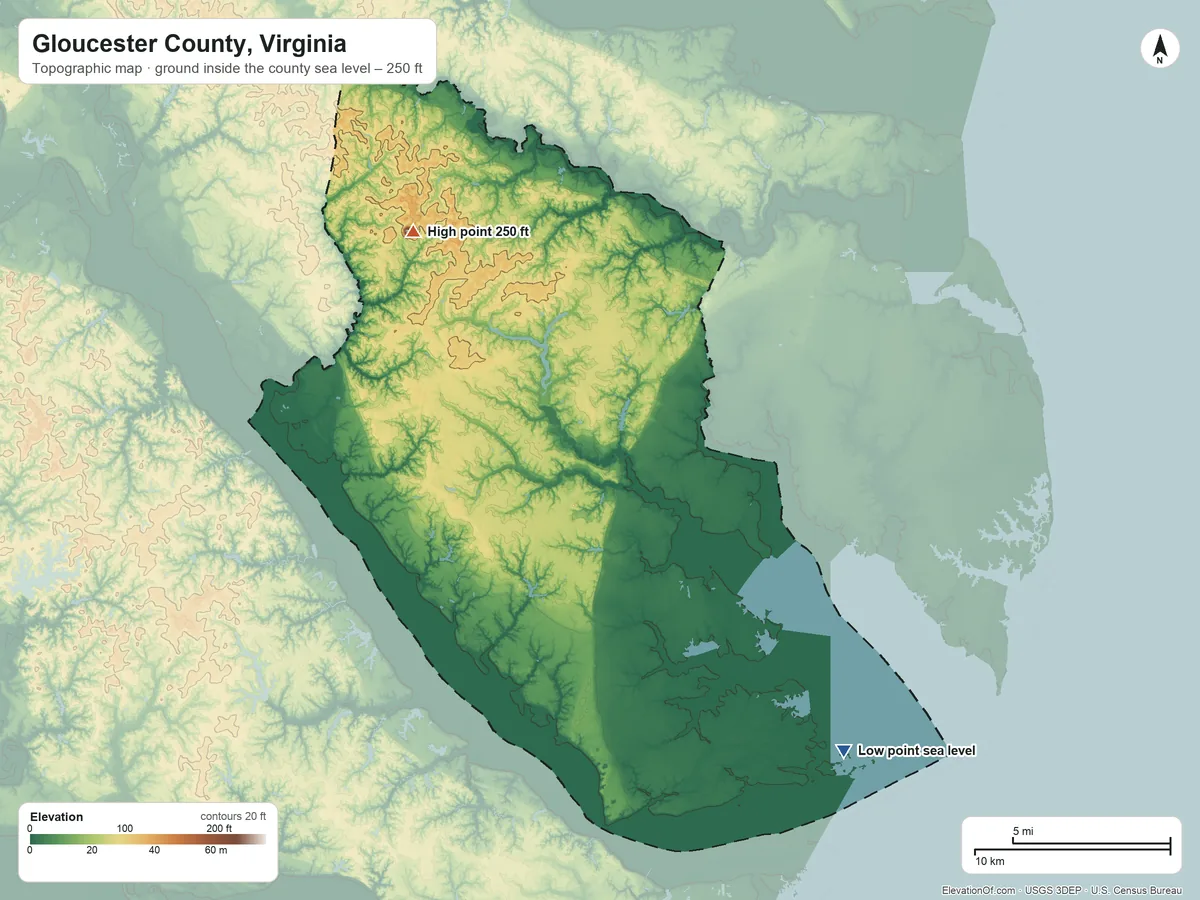 Topographic elevation map of Gloucester County, Virginia, shaded from sea level on Mobjack Bay to 250 ft on the northwest side