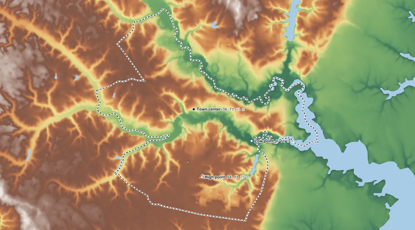 Topographic elevation map of Gloucester Courthouse, Virginia, shaded from 0 ft on the southeast side to 94 ft on the south side