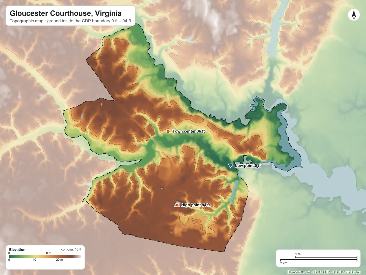 Topographic elevation map of Gloucester Courthouse, Virginia, shaded from 0 ft on the southeast side to 94 ft on the south side
