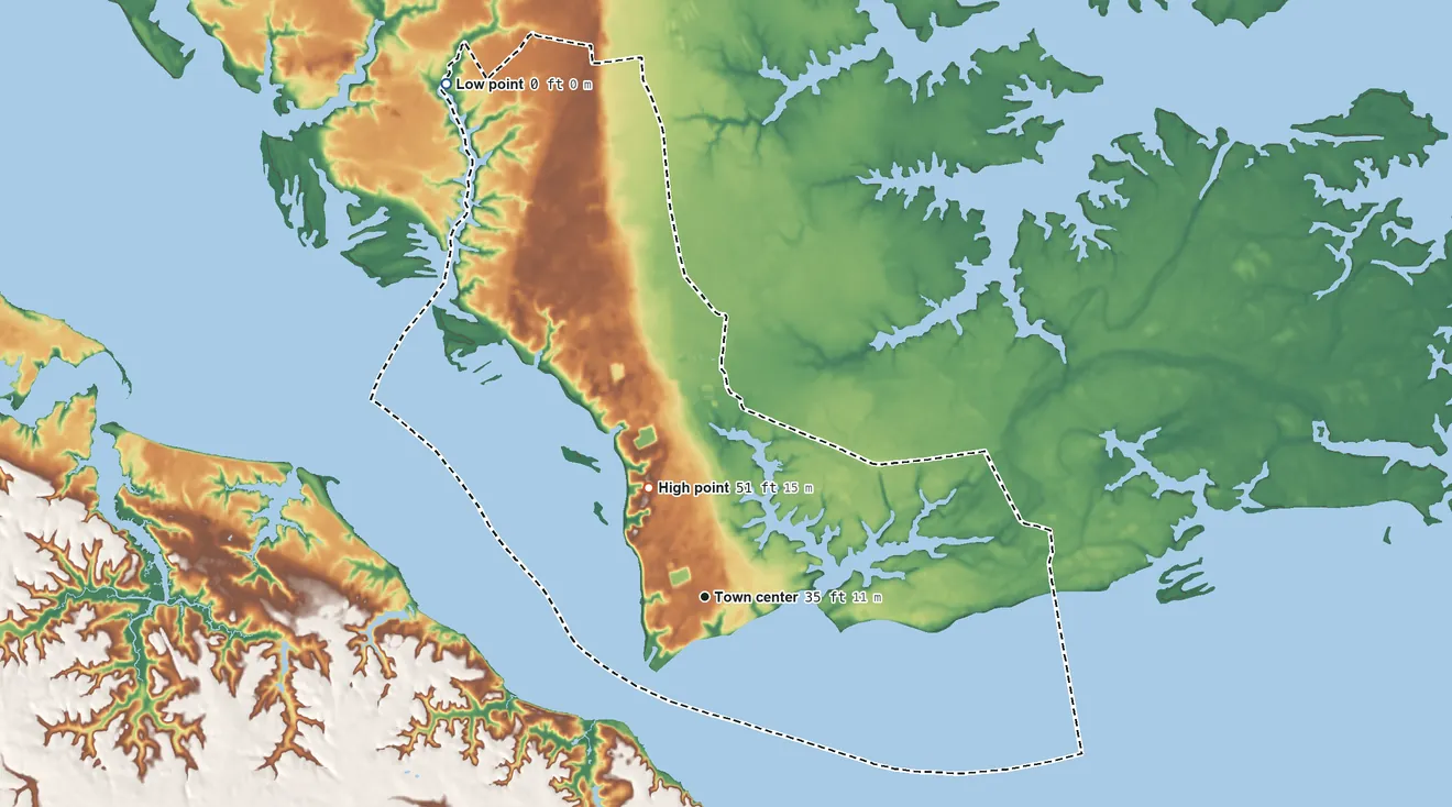 Topographic elevation map of Gloucester Point, Virginia, shaded from 0 ft on the northwest side to 51 ft on the northwest side