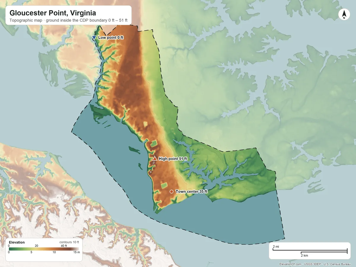 Topographic elevation map of Gloucester Point, Virginia, shaded from 0 ft on the northwest side to 51 ft on the northwest side