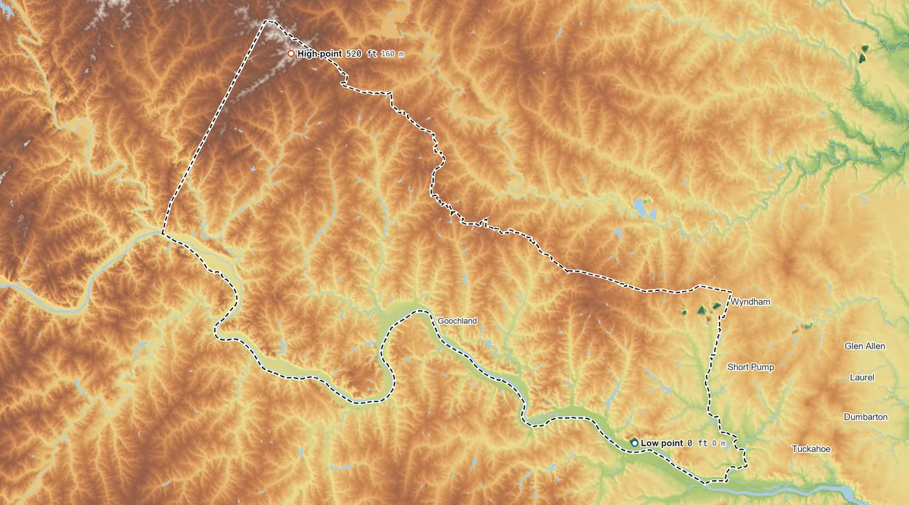 Topographic elevation map of Goochland County, Virginia, shaded from 0 ft on the southeast side to 520 ft on the northwest side