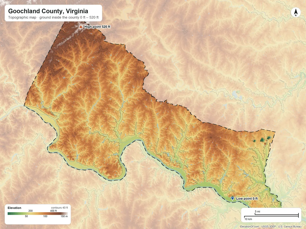 Topographic elevation map of Goochland County, Virginia, shaded from 0 ft on the southeast side to 520 ft on the northwest side