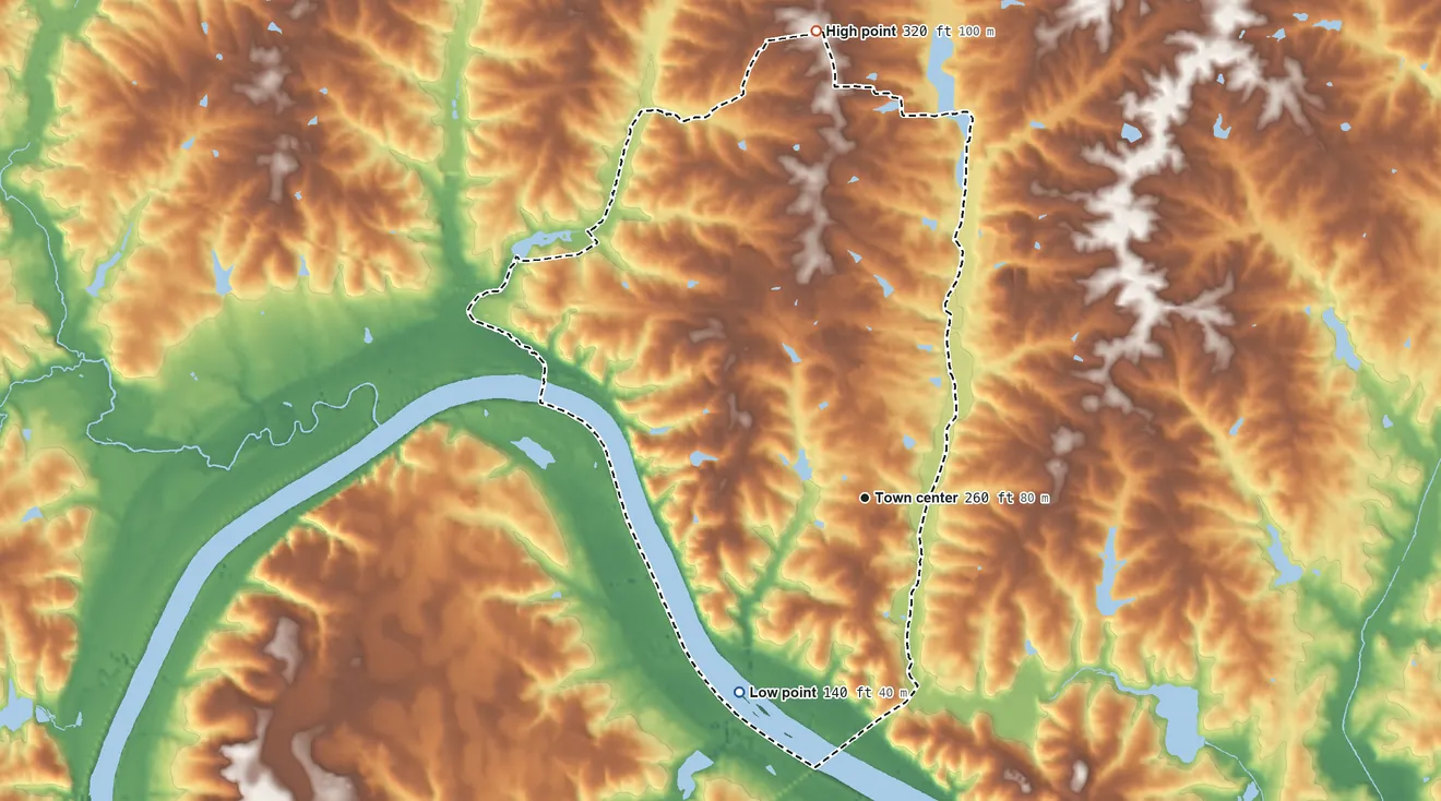 Topographic elevation map of Goochland, Virginia, shaded from 140 ft on the southwest side to 320 ft on the north side
