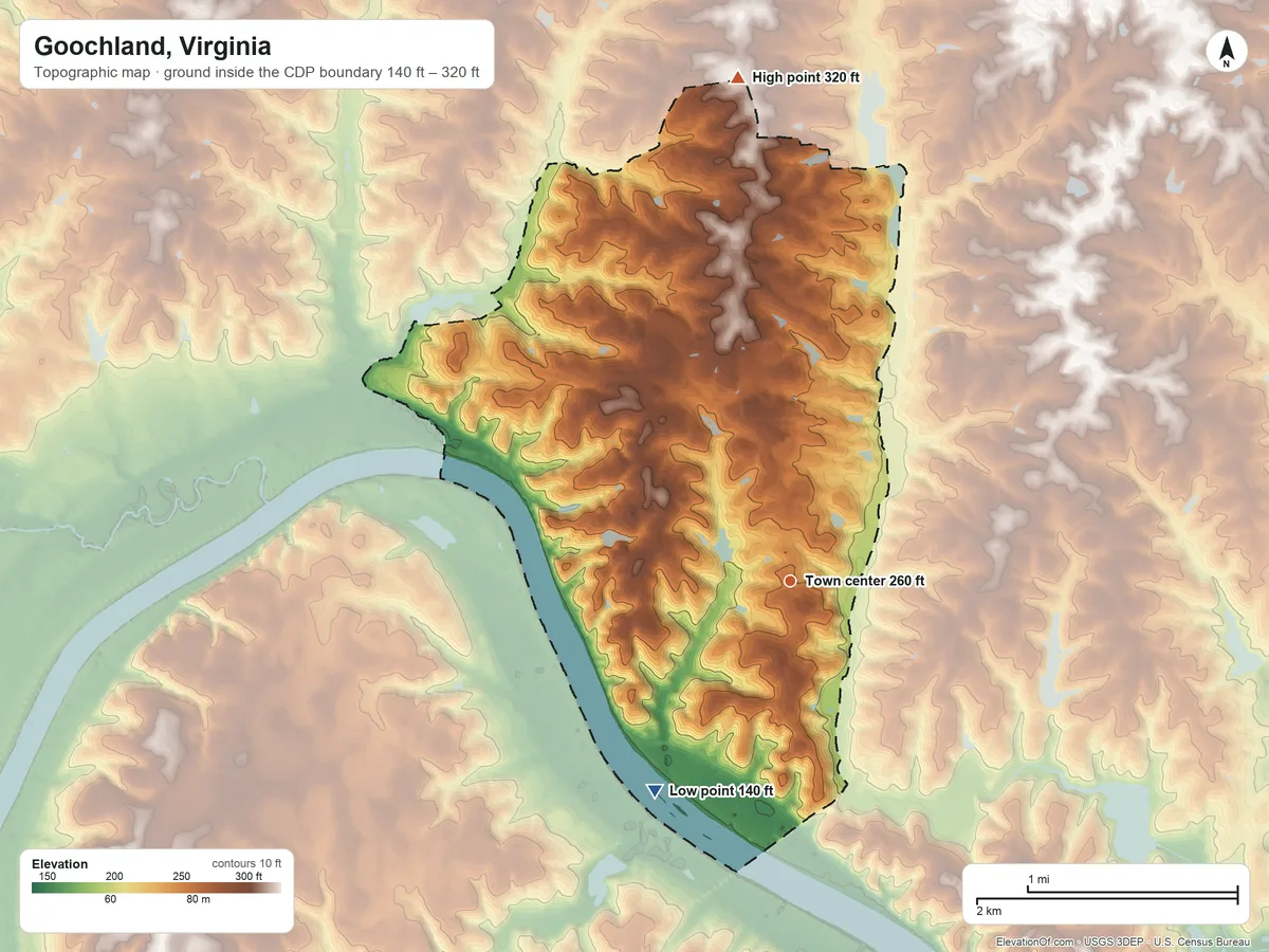 Topographic elevation map of Goochland, Virginia, shaded from 140 ft on the southwest side to 320 ft on the north side