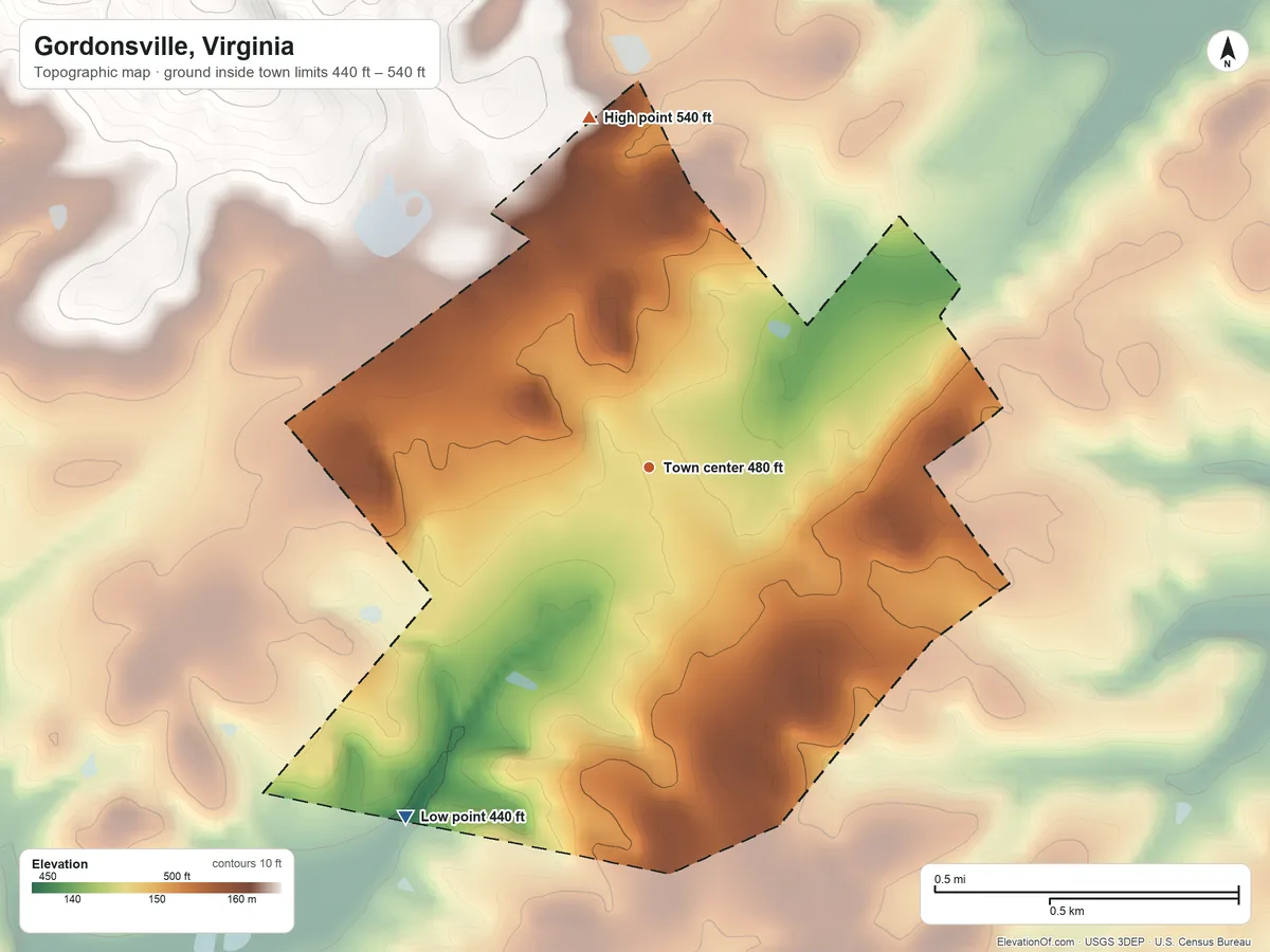 Topographic elevation map of Gordonsville, Virginia, shaded from 440 ft on the southwest side to 540 ft at the foot of the Southwest Mountains