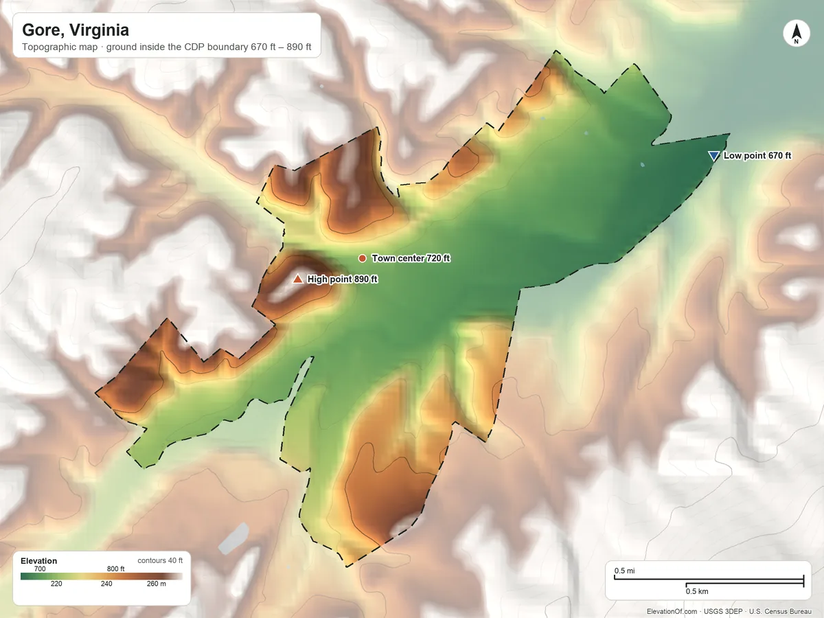 Topographic elevation map of Gore, Virginia, shaded from 670 ft on the east side to 890 ft at the foot of the Little North Mountain