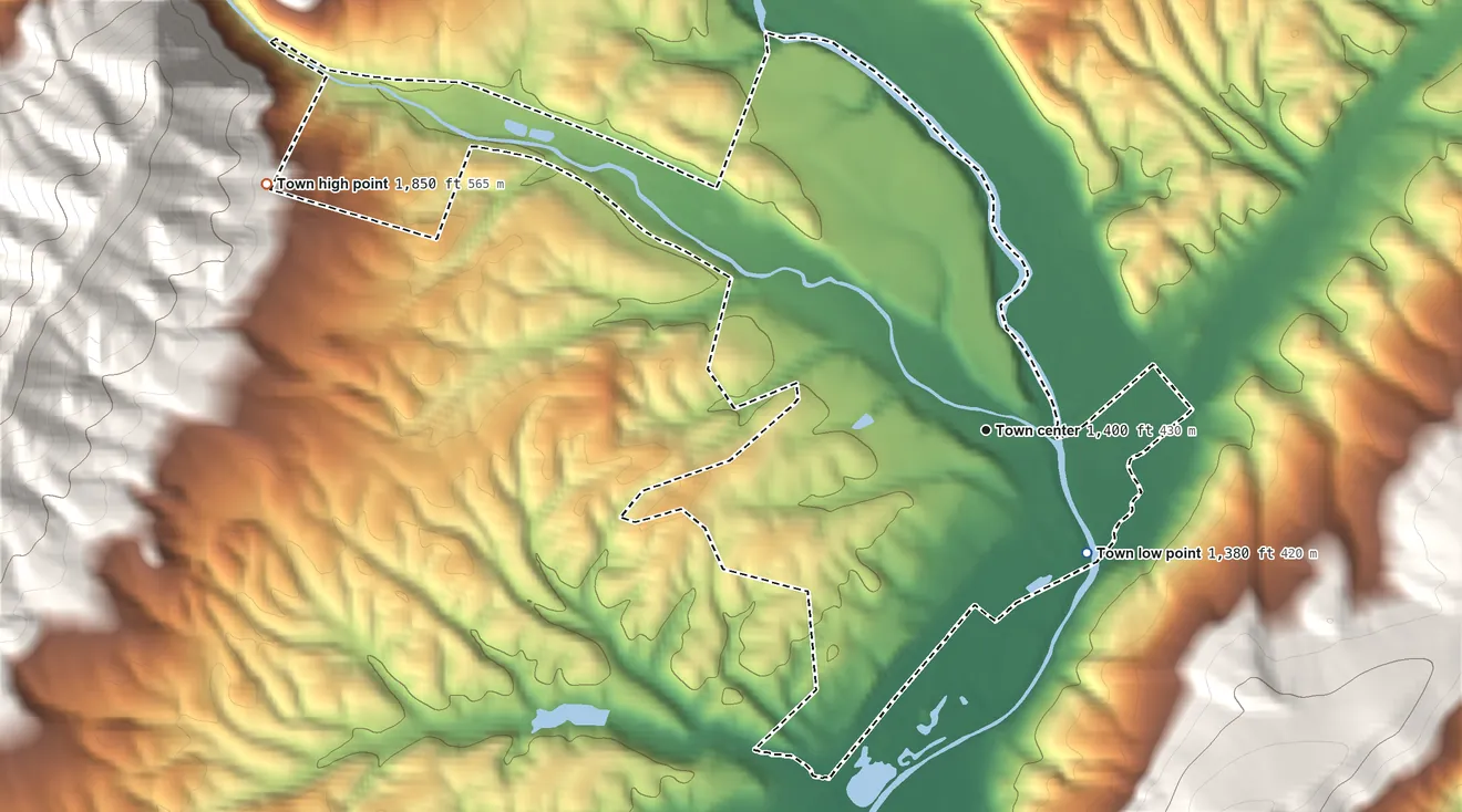 Topographic elevation map of Goshen, Virginia, shaded from 1,380 ft on the southeast side to 1,850 ft on the west edge, below higher ground just outside