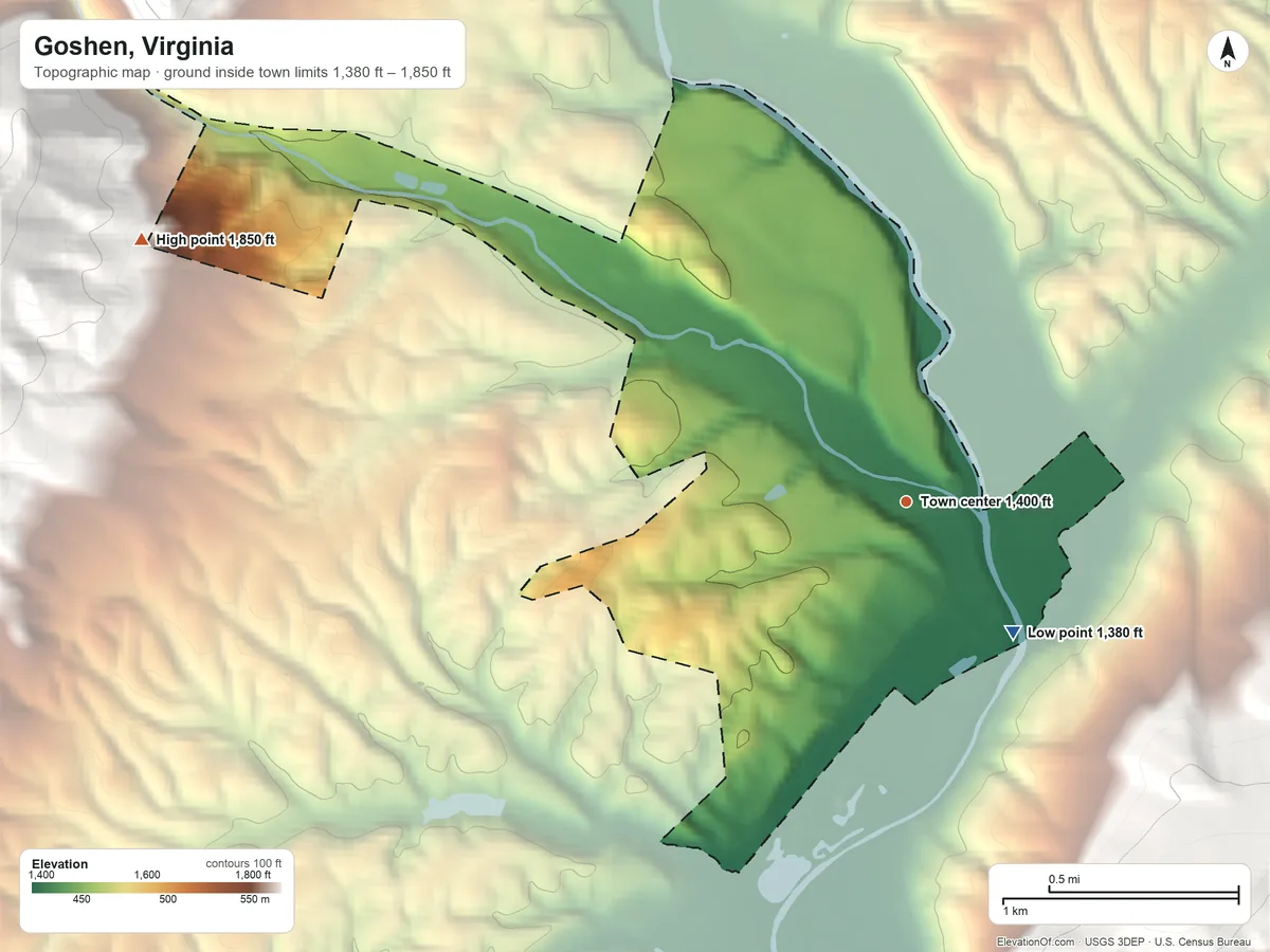Topographic elevation map of Goshen, Virginia, shaded from 1,380 ft on the southeast side to 1,850 ft on the west edge, below higher ground just outside