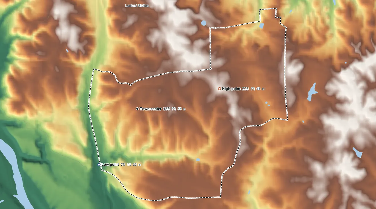 Topographic elevation map of Grafton Village, Virginia, shaded from 73 ft on the southwest side to 220 ft on the east side
