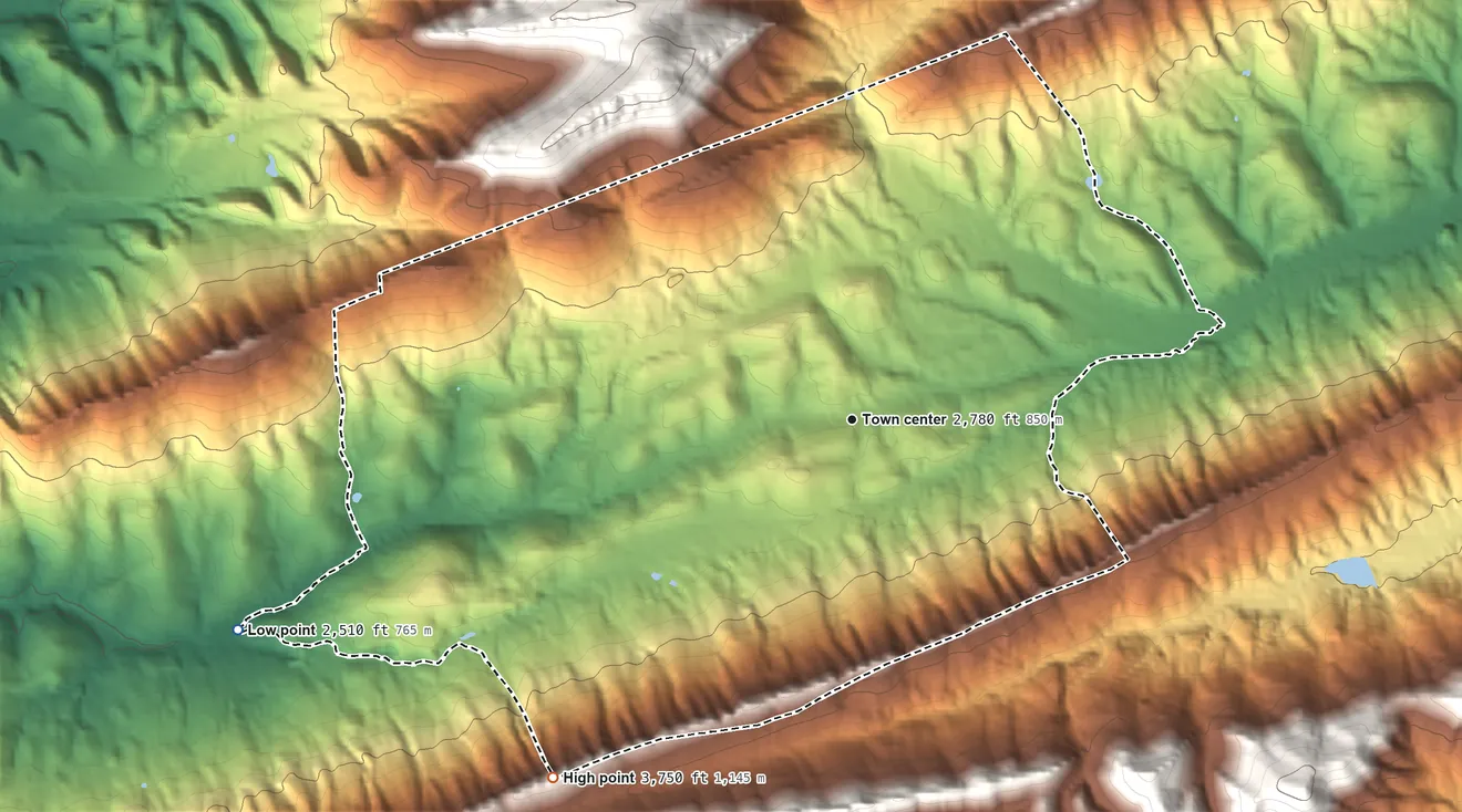 Topographic elevation map of Gratton, Virginia, shaded from 2,510 ft on the west side to 3,750 ft on the southwest edge, below higher ground just outside
