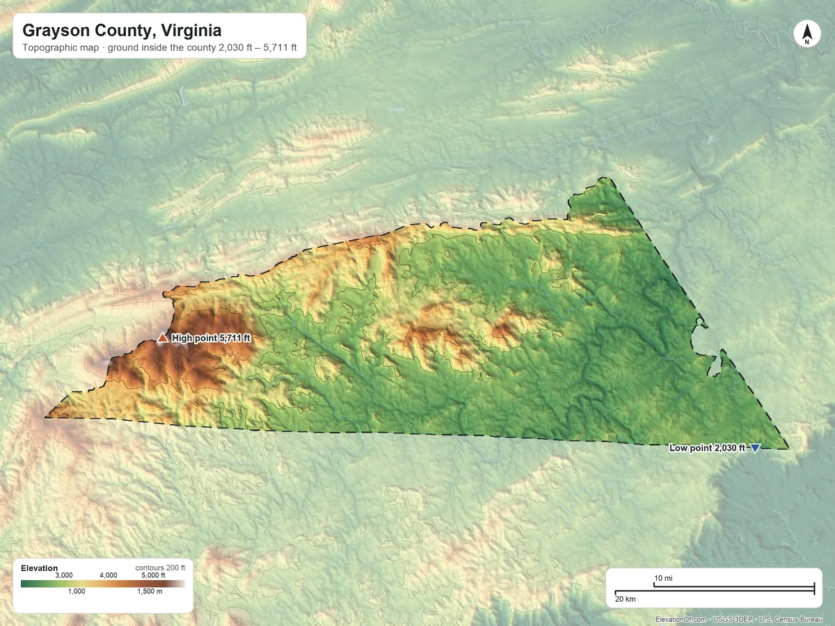Topographic elevation map of Grayson County, Virginia, shaded from 2,030 ft on the east side to 5,711 ft on Mount Rogers
