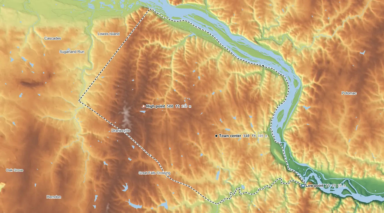 Topographic elevation map of Great Falls, Virginia, shaded from 77 ft on the southeast side to 500 ft on the west side