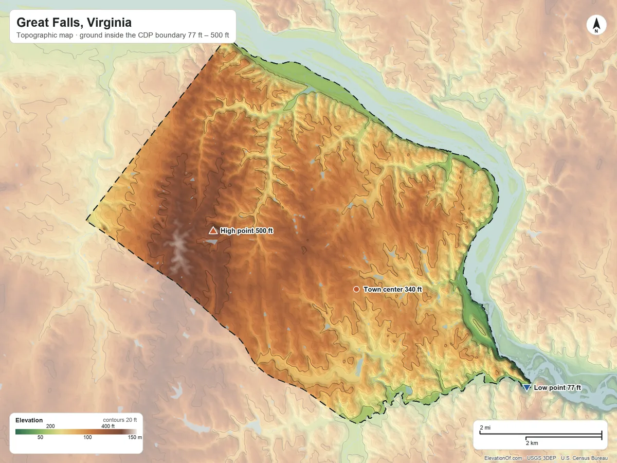 Topographic elevation map of Great Falls, Virginia, shaded from 77 ft on the southeast side to 500 ft on the west side