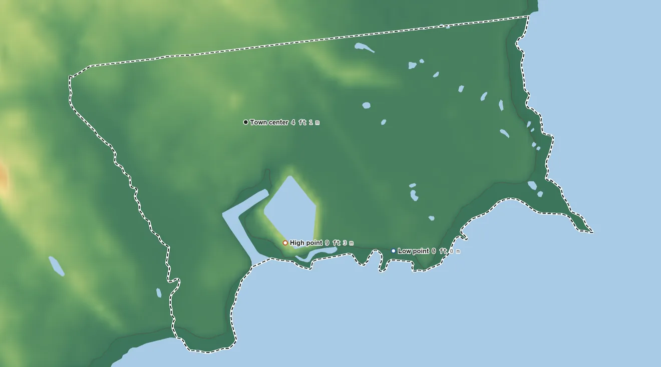 Topographic elevation map of Greenbackville, Virginia, shaded from sea level level on Chincoteague Bay to 9 ft on the south side
