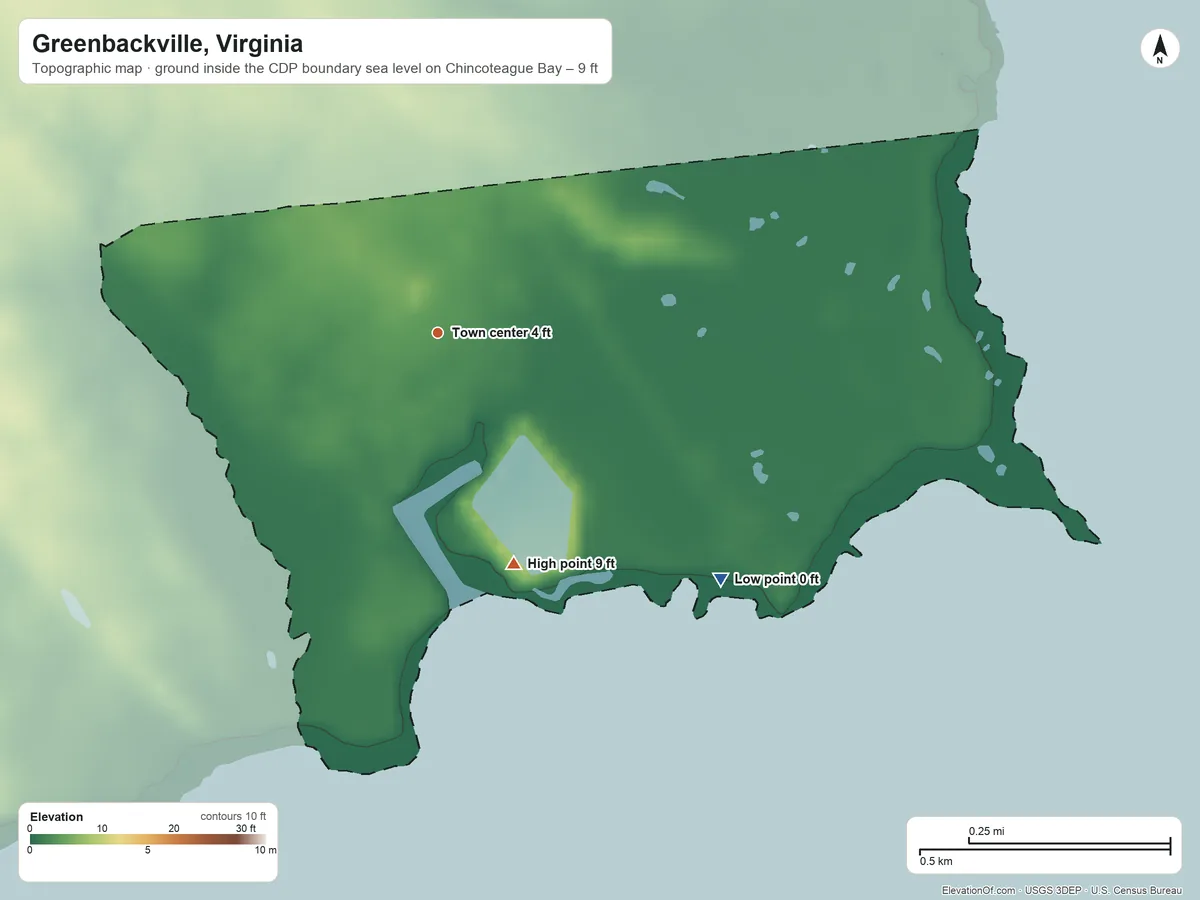 Topographic elevation map of Greenbackville, Virginia, shaded from sea level level on Chincoteague Bay to 9 ft on the south side