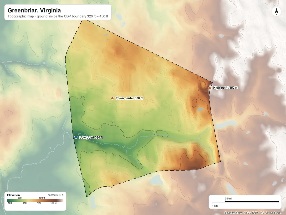 Topographic elevation map of Greenbriar, Virginia, shaded from 320 ft on the southwest side to 450 ft on the east side