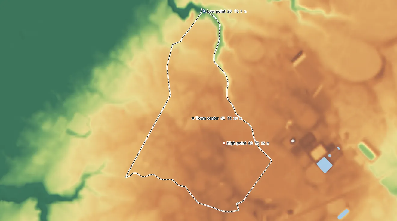 Topographic elevation map of Greenbush, Virginia, shaded from 23 ft on the north side to 48 ft on the southeast side