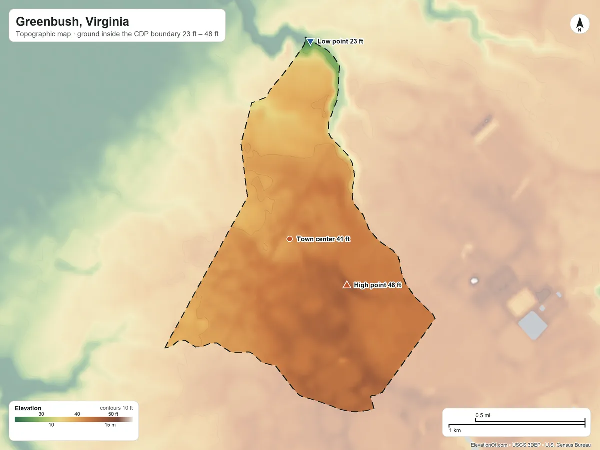 Topographic elevation map of Greenbush, Virginia, shaded from 23 ft on the north side to 48 ft on the southeast side