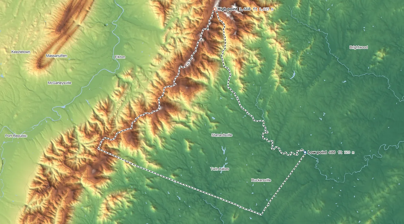 Topographic elevation map of Greene County, Virginia, shaded from 400 ft on the east side to 3,660 ft on the north side