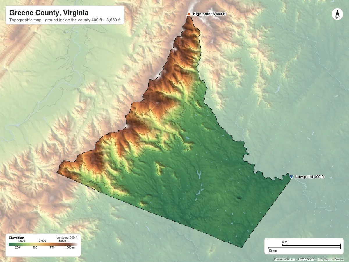 Topographic elevation map of Greene County, Virginia, shaded from 400 ft on the east side to 3,660 ft on the north side