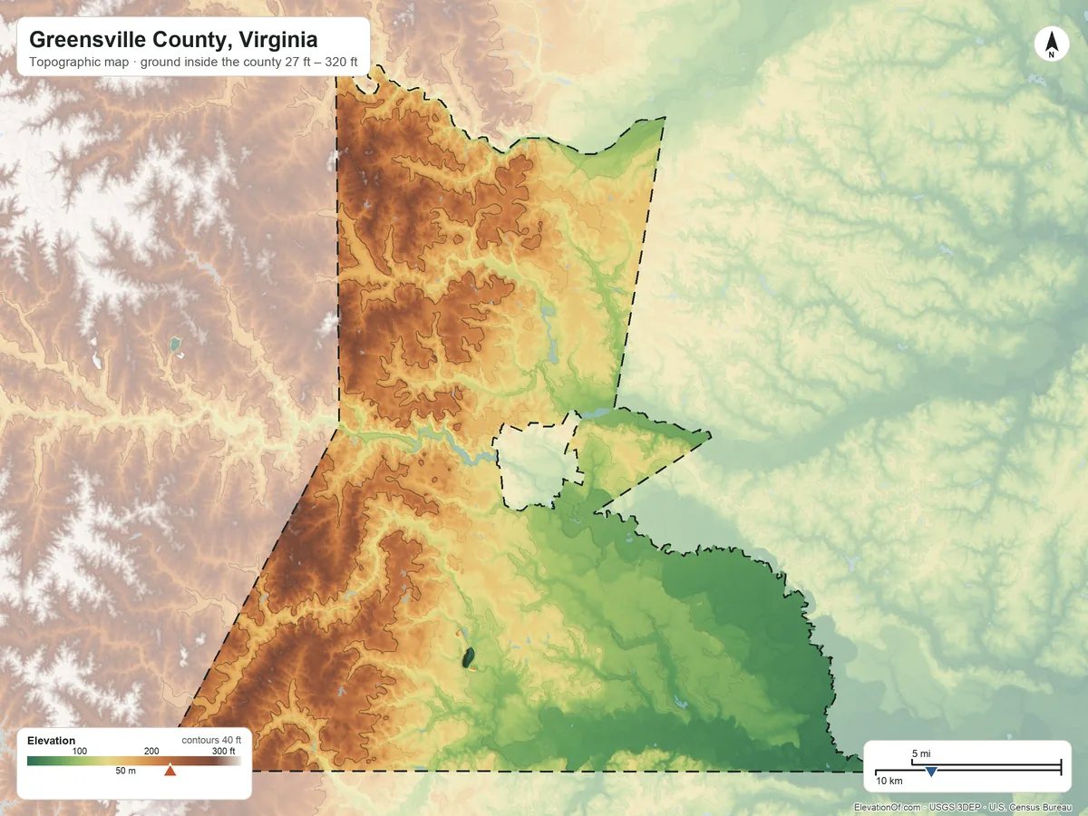 Topographic elevation map of Greensville County, Virginia, shaded from 27 ft on the southeast side to 320 ft on the southwest side