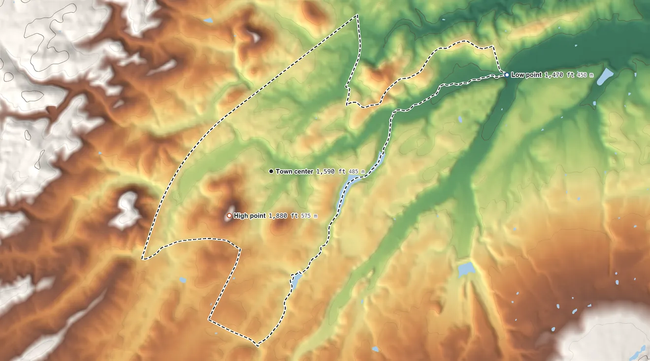 Topographic elevation map of Greenville, Virginia, shaded from 1,470 ft on the east side to 1,880 ft on the southwest side