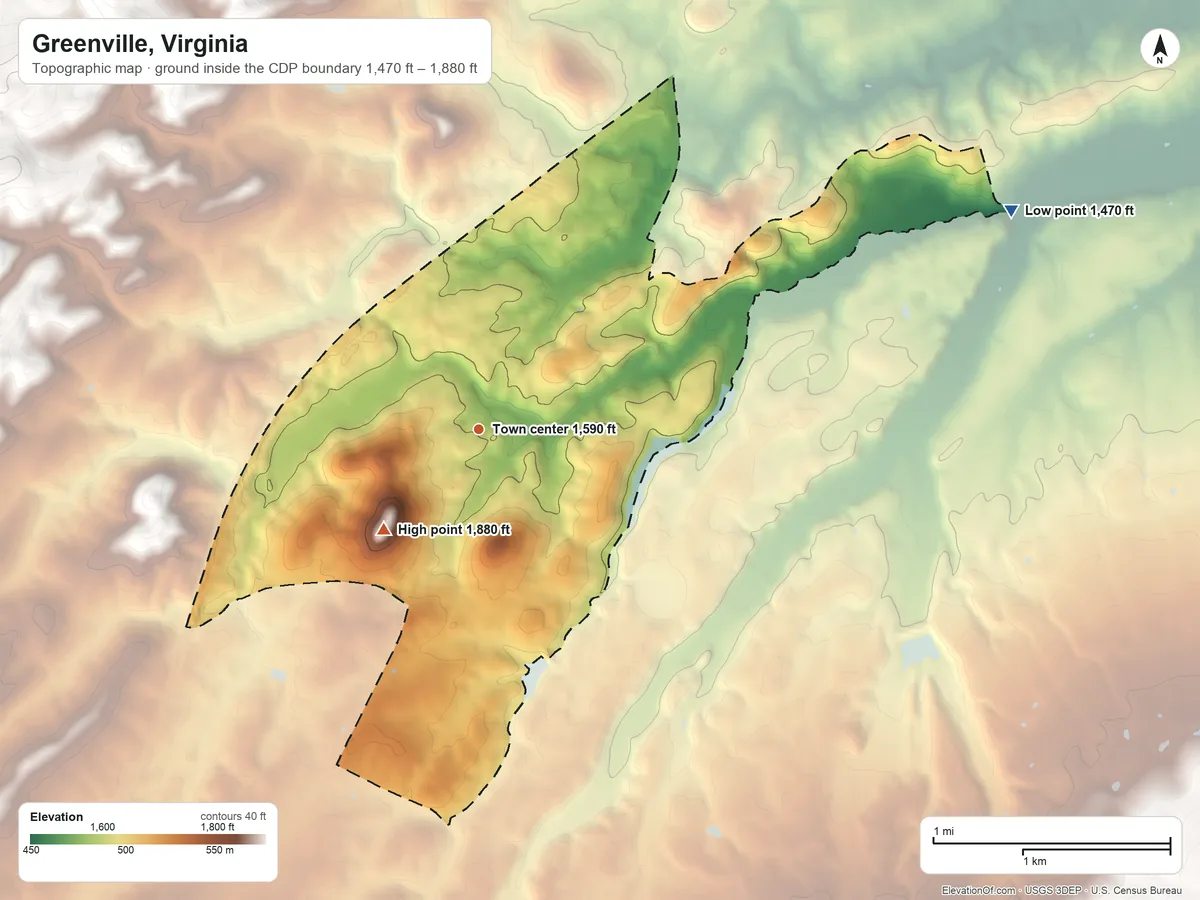 Topographic elevation map of Greenville, Virginia, shaded from 1,470 ft on the east side to 1,880 ft on the southwest side