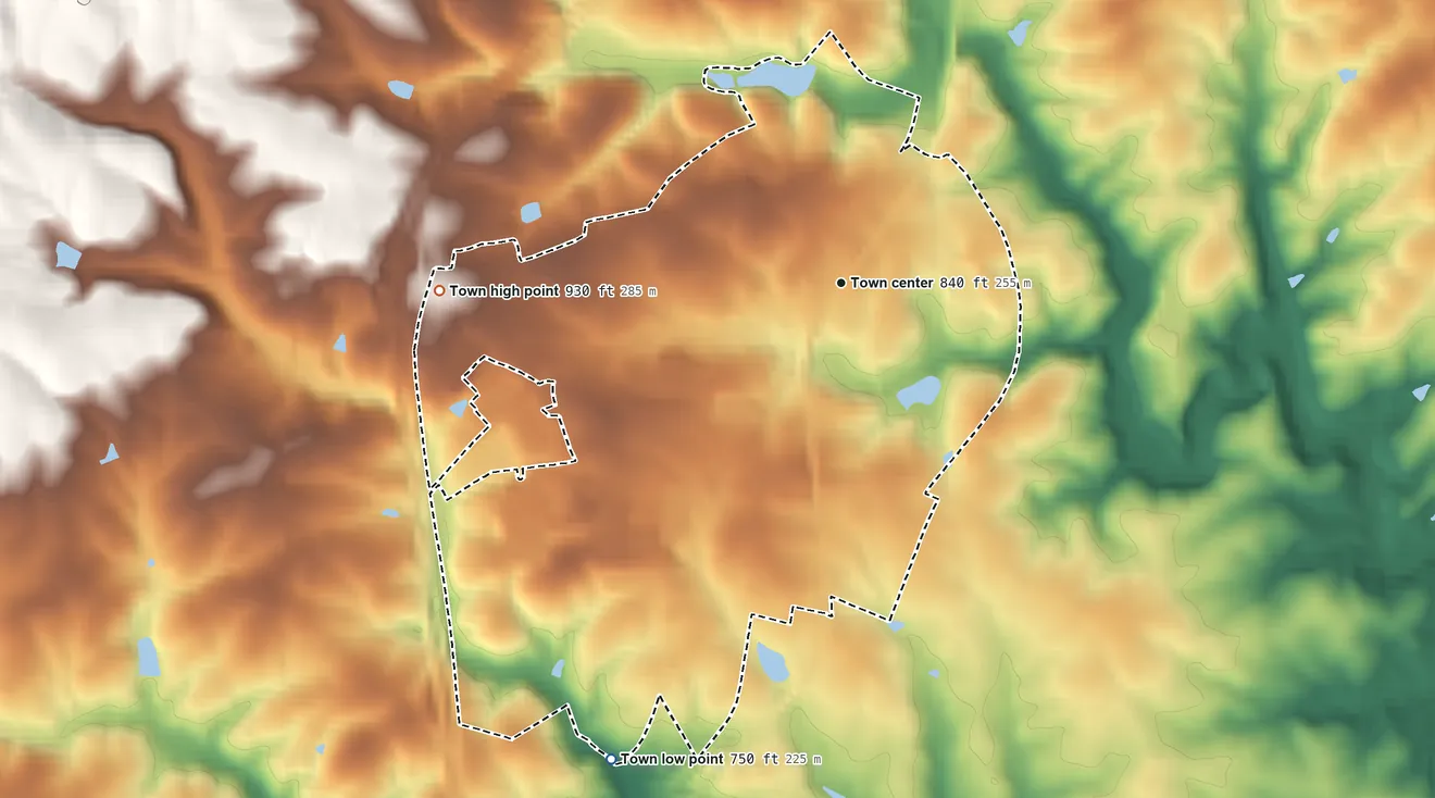 Topographic elevation map of Gretna, Virginia, shaded from 750 ft on the southwest side to 930 ft on the west side