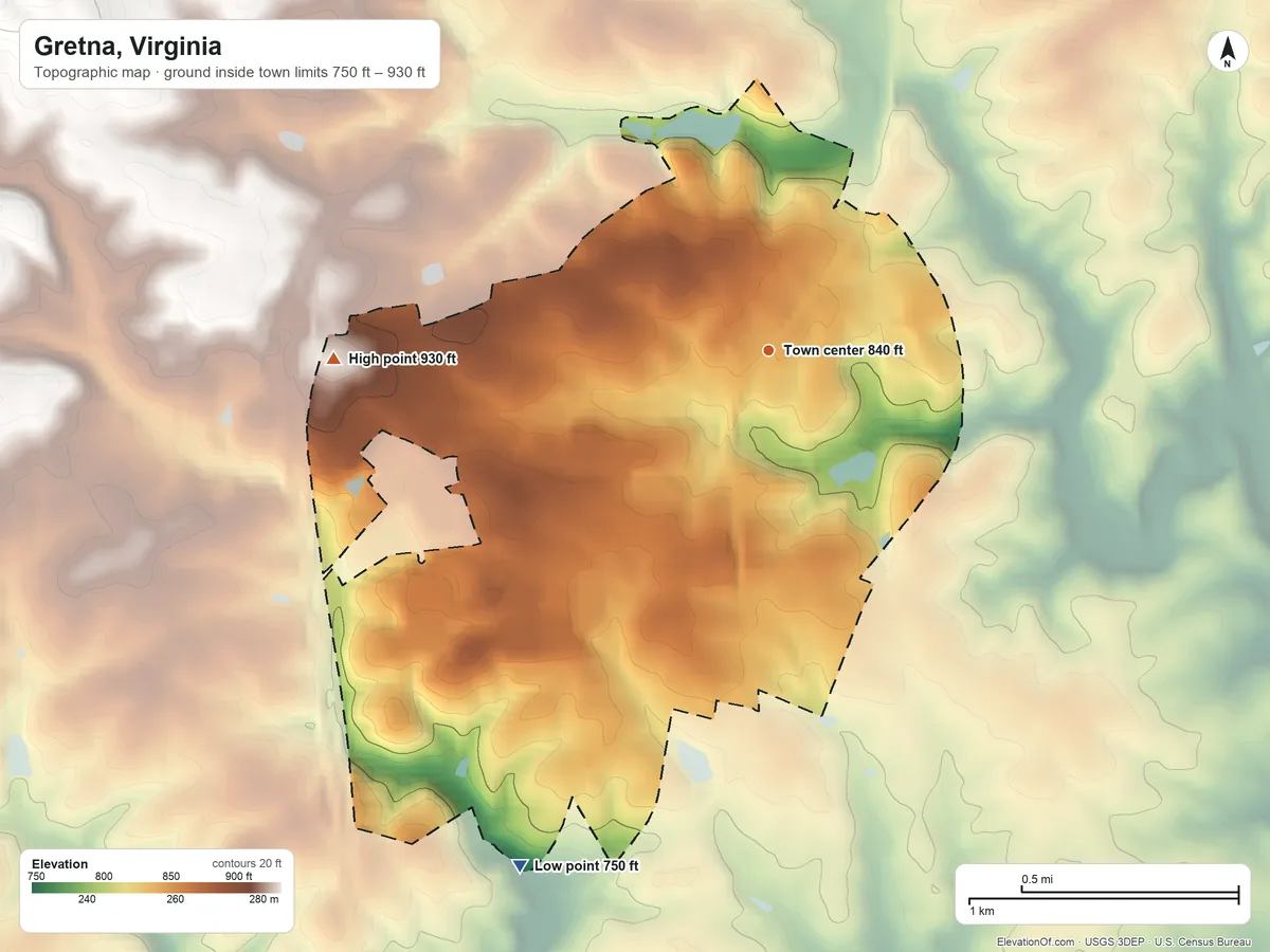 Topographic elevation map of Gretna, Virginia, shaded from 750 ft on the southwest side to 930 ft on the west side