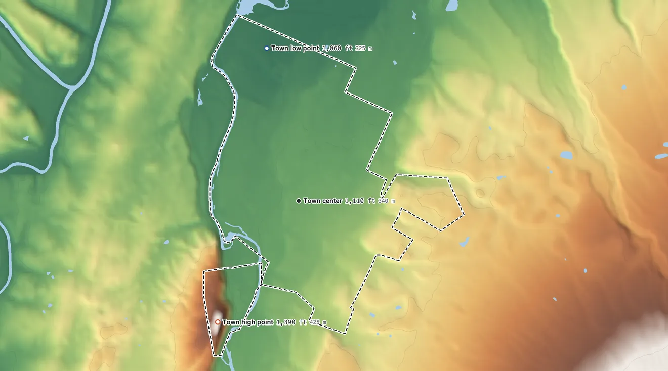 Topographic elevation map of Grottoes, Virginia, shaded from 1,060 ft on the north side to 1,390 ft on Cave Hill