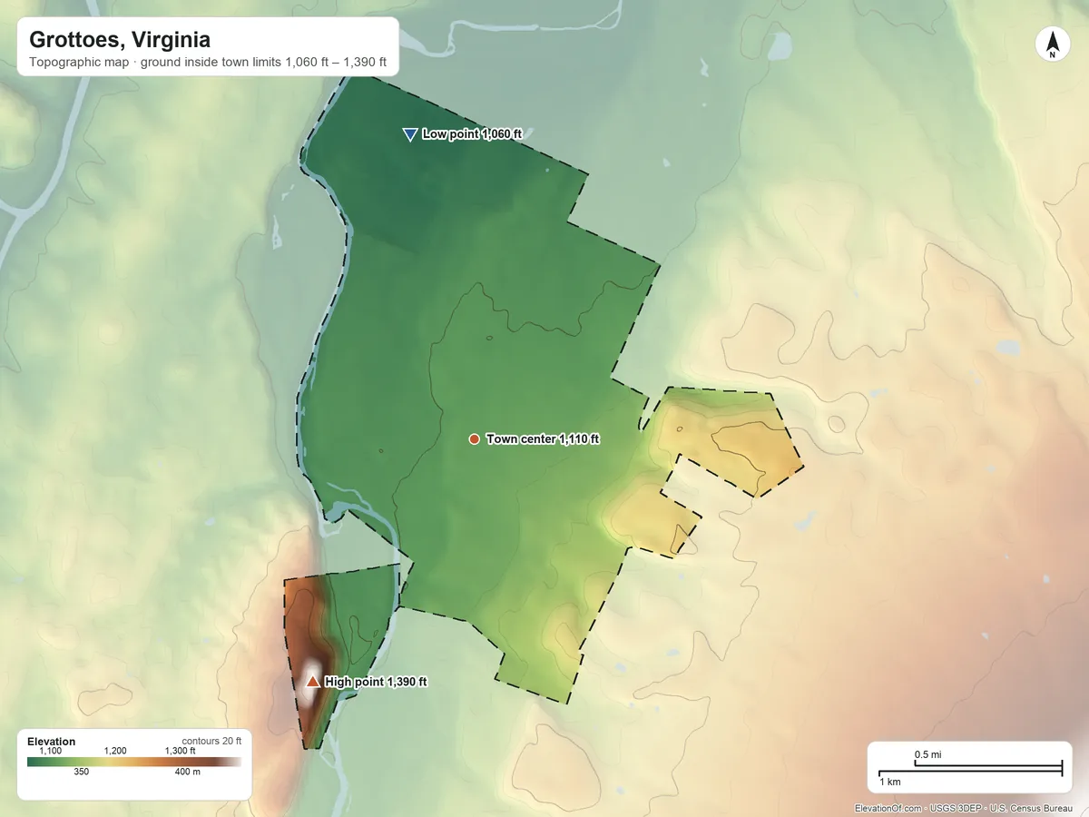 Topographic elevation map of Grottoes, Virginia, shaded from 1,060 ft on the north side to 1,390 ft on Cave Hill