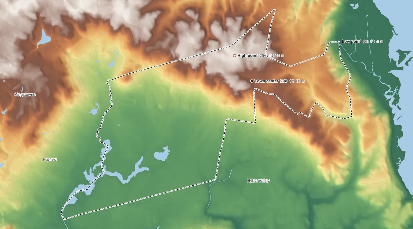Topographic elevation map of Groveton, Virginia, shaded from 12 ft on the northeast side to 250 ft near the middle