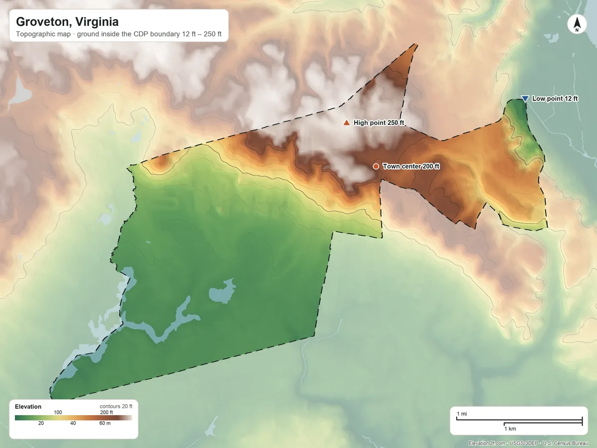 Topographic elevation map of Groveton, Virginia, shaded from 12 ft on the northeast side to 250 ft near the middle