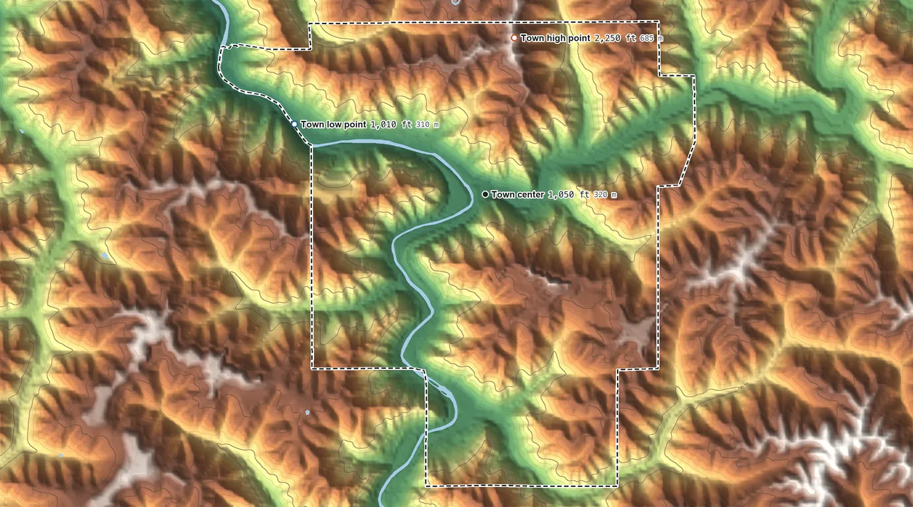 Topographic elevation map of Grundy, Virginia, shaded from 1,010 ft on the west side to 2,250 ft on the north side