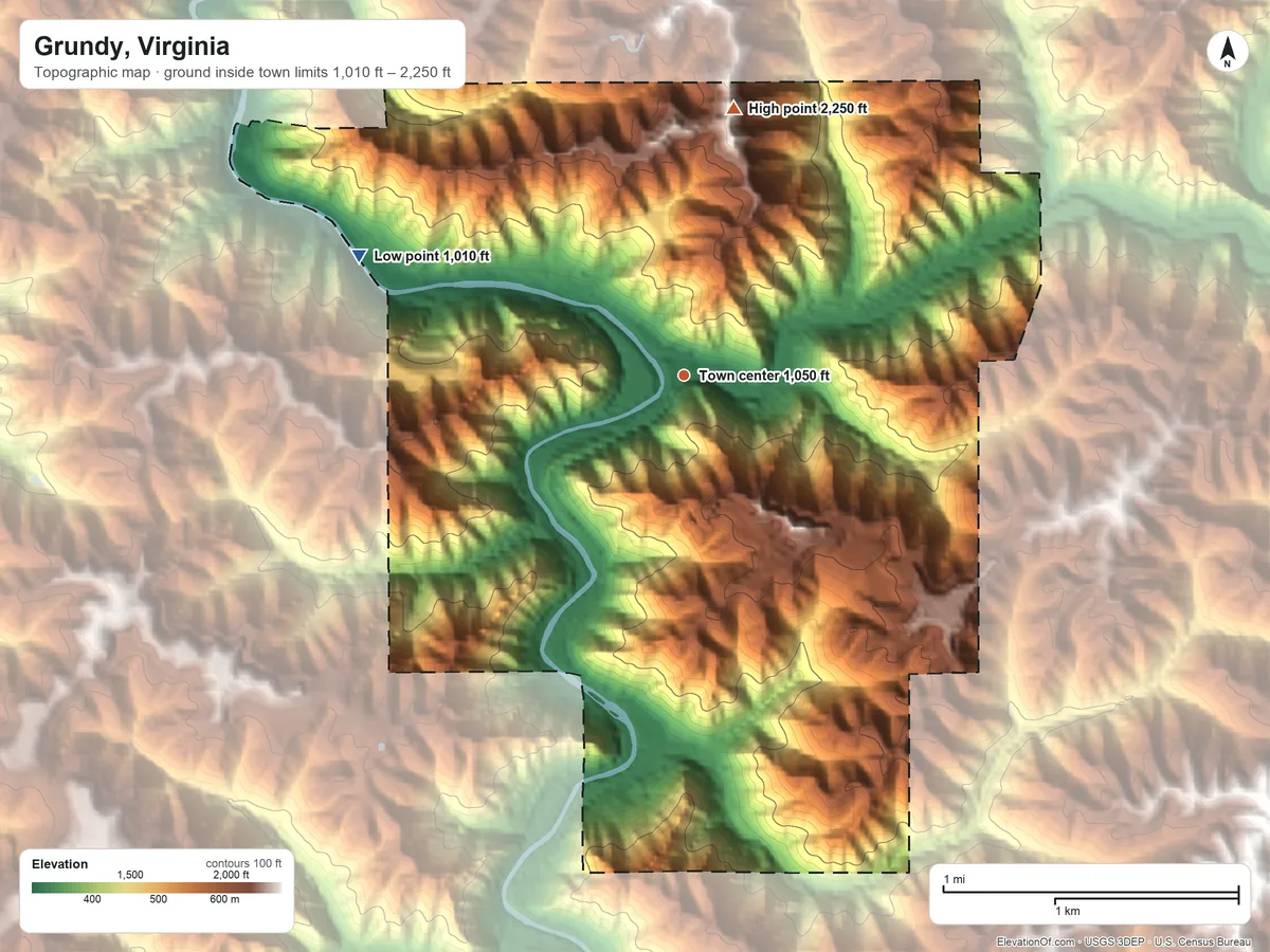 Topographic elevation map of Grundy, Virginia, shaded from 1,010 ft on the west side to 2,250 ft on the north side