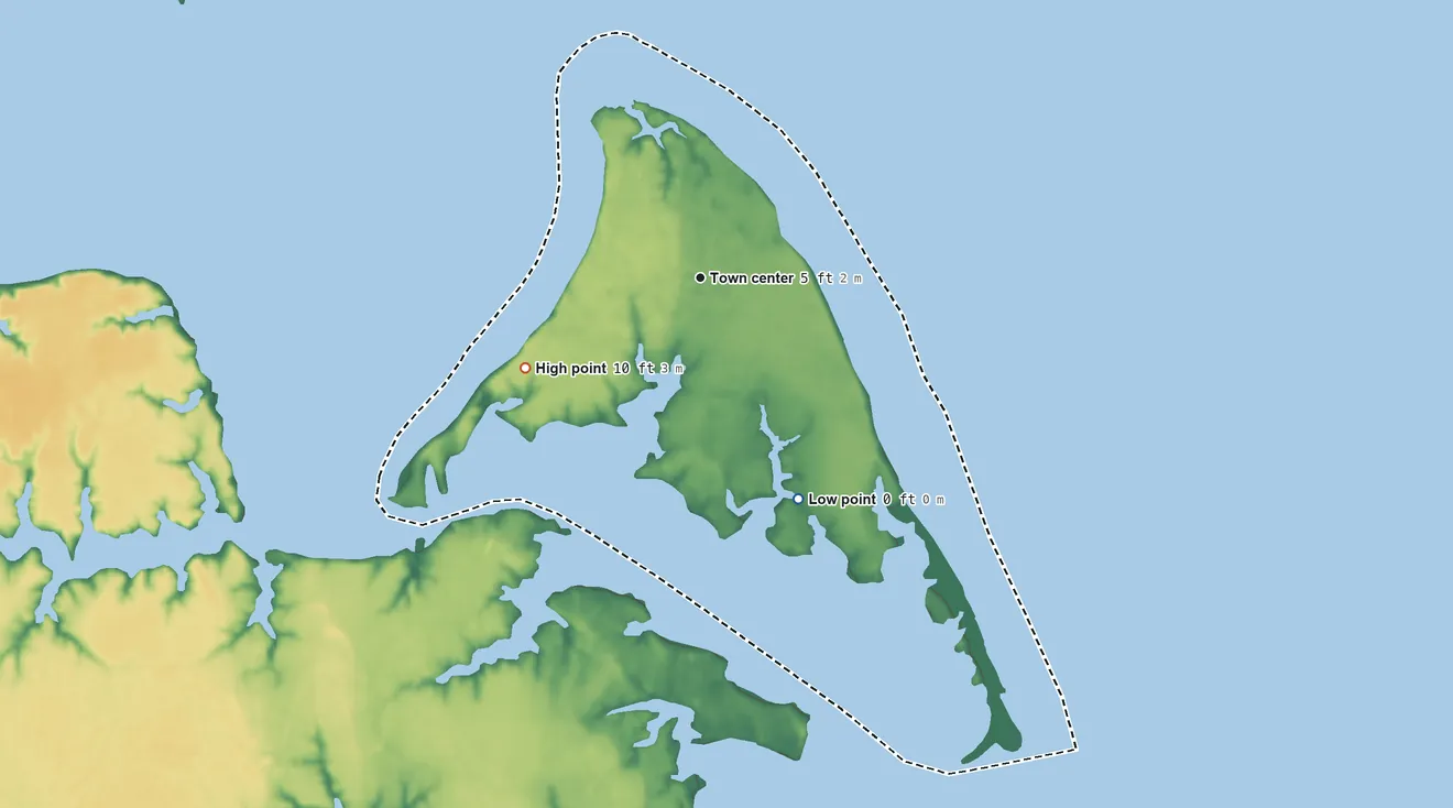 Topographic elevation map of Gwynn, Virginia, shaded from sea level level on Hickorynut Cove to 10 ft on the southwest side