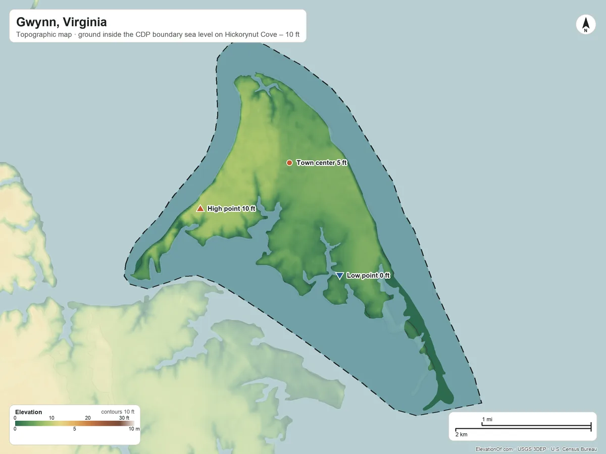 Topographic elevation map of Gwynn, Virginia, shaded from sea level level on Hickorynut Cove to 10 ft on the southwest side