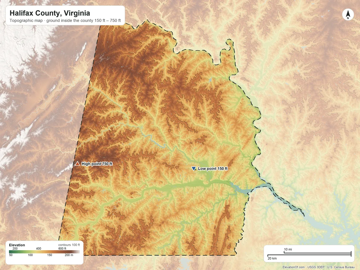 Topographic elevation map of Halifax County, Virginia, shaded from 150 ft on the south side to 750 ft on the west side
