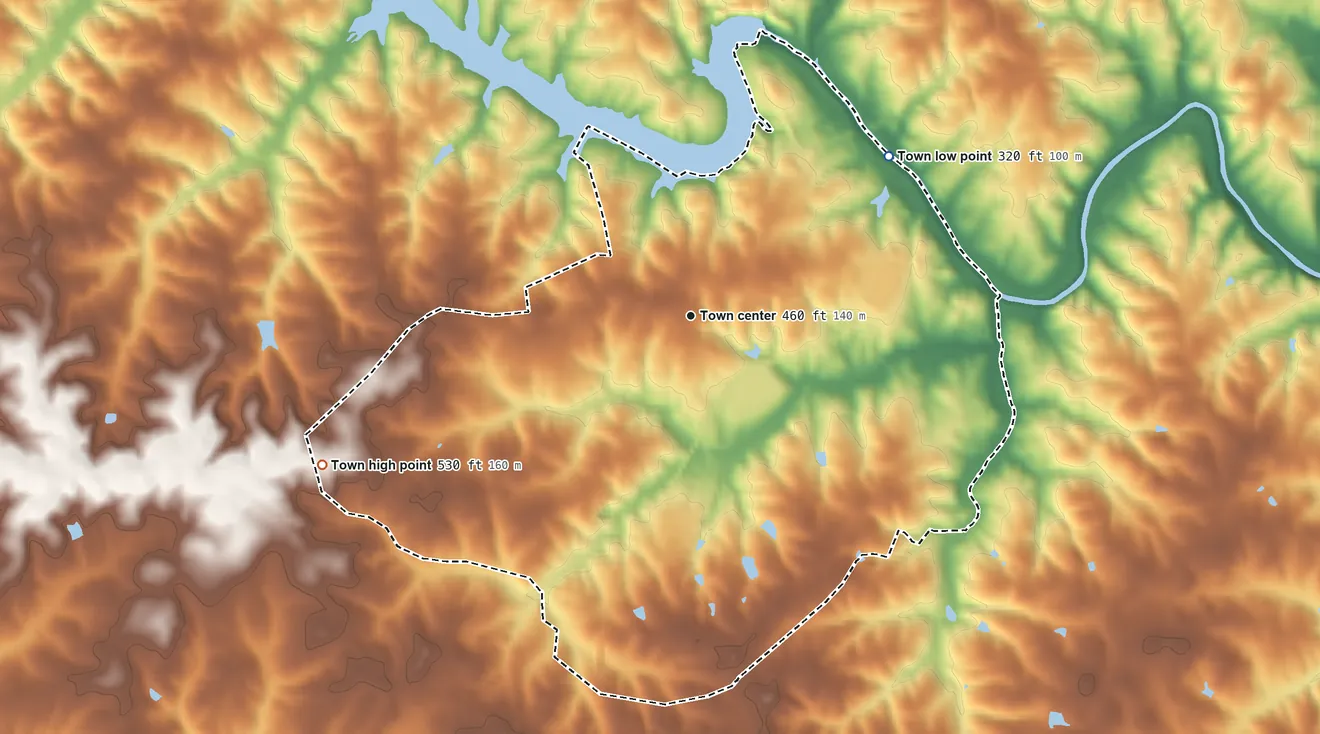 Topographic elevation map of Halifax, Virginia, shaded from 320 ft on the northeast side to 530 ft on the west side