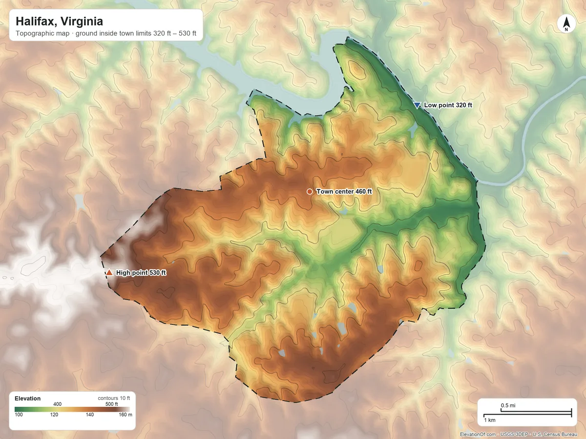 Topographic elevation map of Halifax, Virginia, shaded from 320 ft on the northeast side to 530 ft on the west side