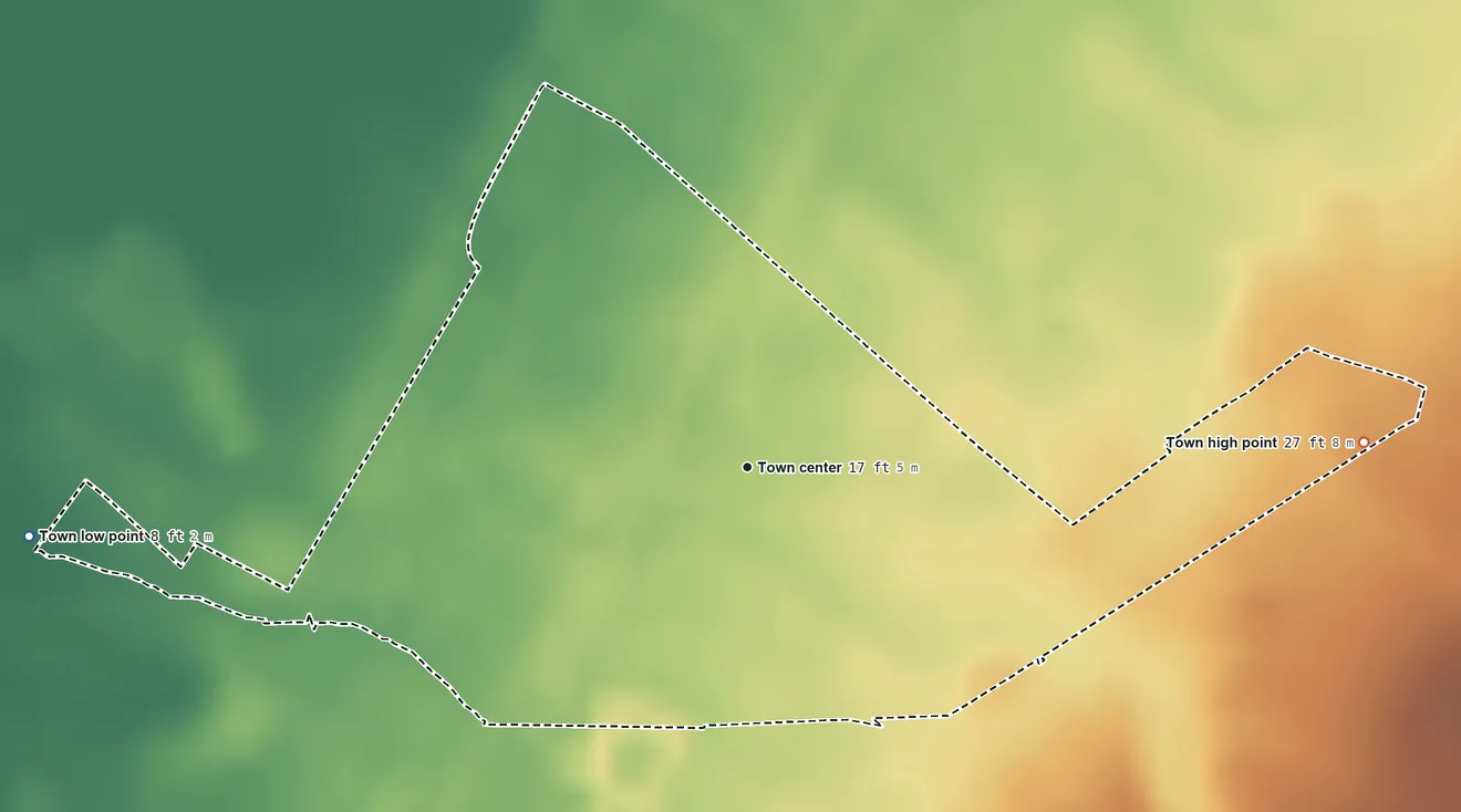 Topographic elevation map of Hallwood, Virginia, shaded from 8 ft on the west side to 27 ft on the east side