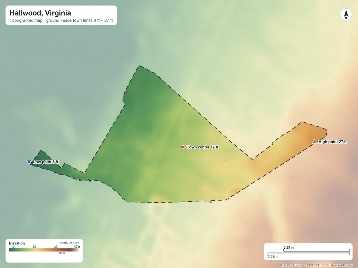 Topographic elevation map of Hallwood, Virginia, shaded from 8 ft on the west side to 27 ft on the east side